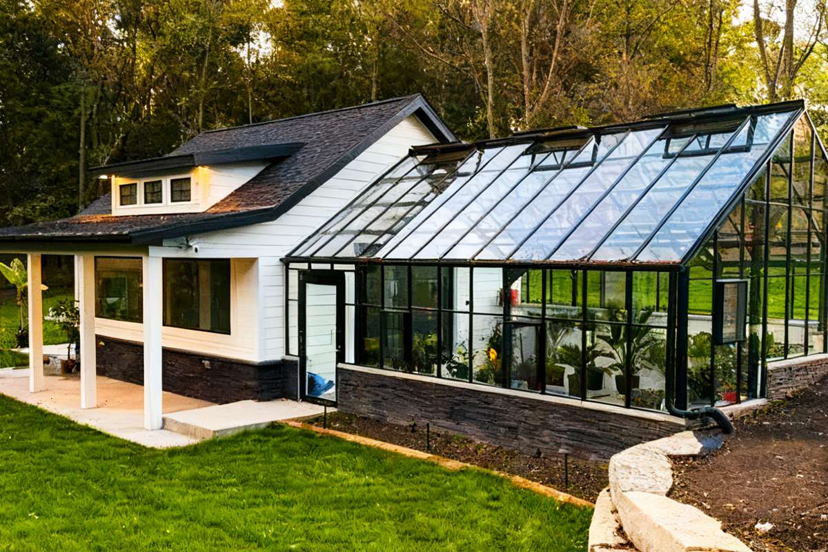 glass greenhouse sunroom, modern black frame sunroom, tempered glass solarium